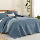 Litanika Super King Quilt, 3 Pcs Blue and Linen Stripe Bedding Set