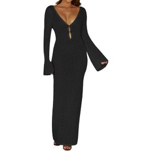 Leoparts Crochet Swimsuit Cover Up for Women Sexy V Neck Hollow Out Backless Maxi Dress Beach Bikini Coverup Dresses (Medium, 2402 Black)