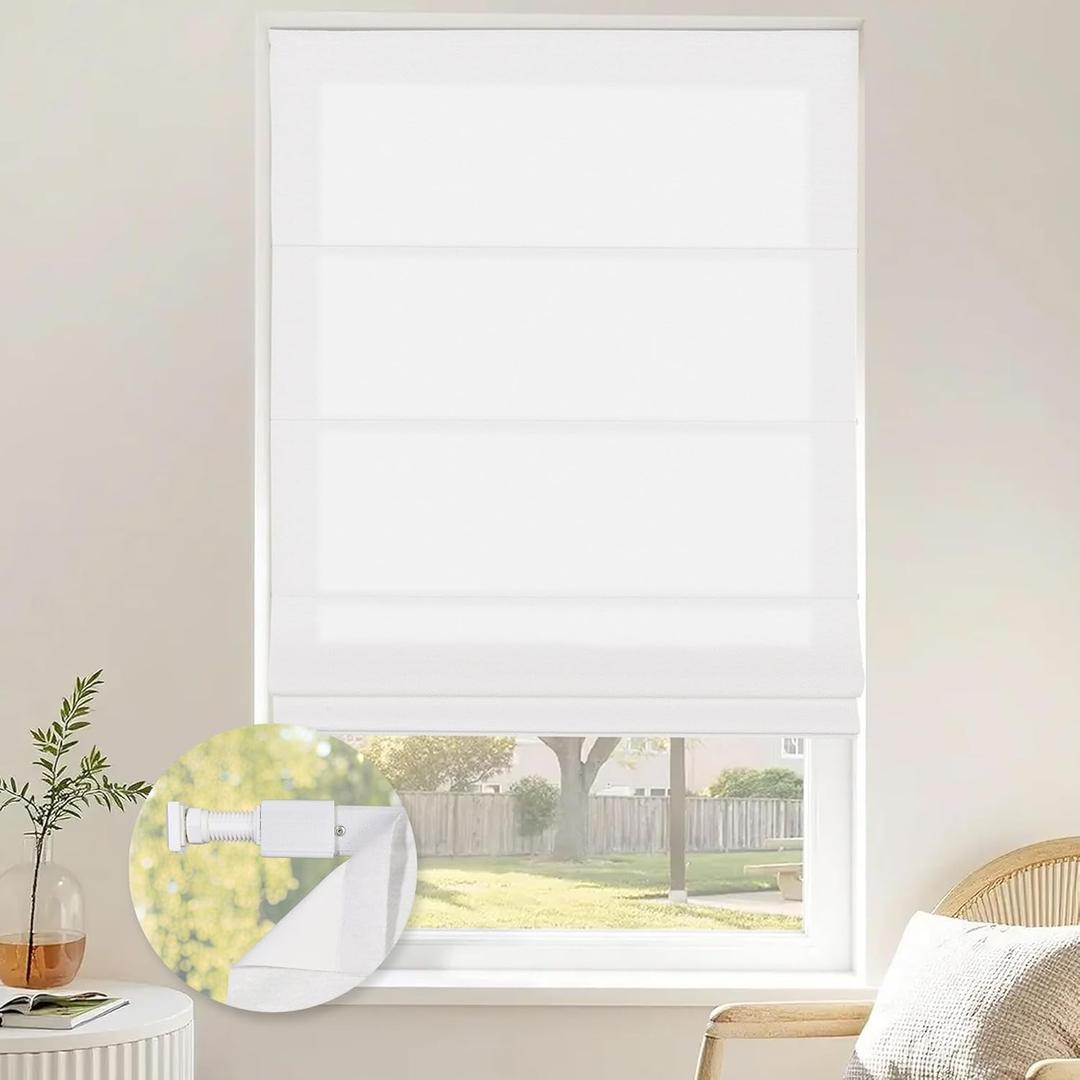 No Drill Roman Shades, Cordless No Drill Blinds for Windows Thermal Insulated UV Protection and Heat Blocking, EAS Install for Kitchen Living Room Home, Light Filtering White Customize Size