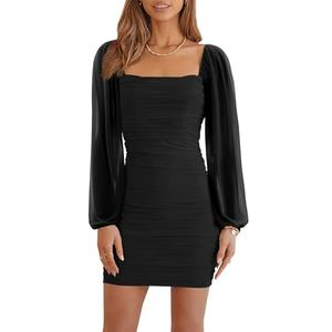 Ofenbuy Women's Mesh Long Sleeve Dress Square Neck Ruched Mini Bodycon Dress Stretch Party Cocktail Dresses Black, S