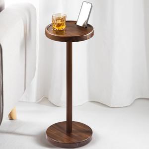 BLUEWEST Drink Table, 22" Tall Compact Side Table with Phone Slot and Weighted Base, Durable Pedestal Table Accent for Living Room (Flat, Walnut)