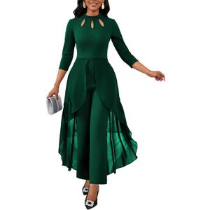 Green Jumpsuit for Woman Dressy Crew Neck Long Sleeve Hight Waist One Piece Jumpsuit Elegant Casual Straight Long Pants Wide Leg Pants (Green, S)