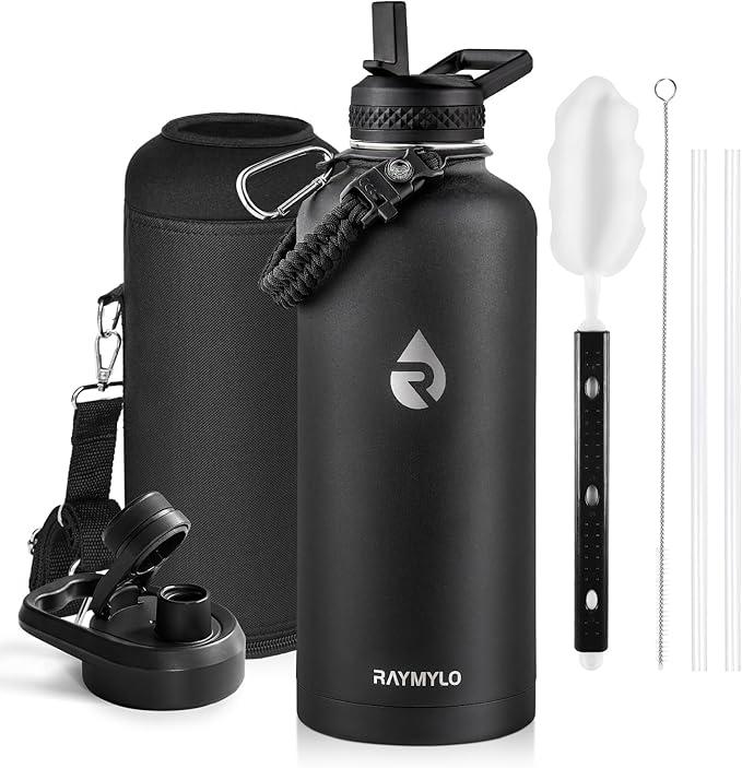 RAYMYLO Insulated Water Bottle 87 oz, Triple Wall Vacuum Stainless Steel (Cold for 48 Hrs), Leak Proof & Non-BPA, Modern Water Flask Jug with Paracord Handle & Straw Spout Lids, Ombre: White/Black