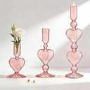 3 Pcs Pink Candle Holder - Heart Shaped Glass Taper Candlestick Holders Set, Valentines Day Decor for Wedding Festival Party Table Centerpiece, Pink Vase Candle Sticks Holder Decor