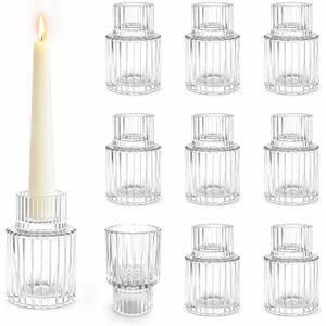 Glass Taper Candle Holders: 10 Pcs Small Candlestick Holders Bulk for Wedding Clear Fluted Candle Sticks Holder Decor for Table Centerpiece Dining Room Baby Shower Christmas Party Home