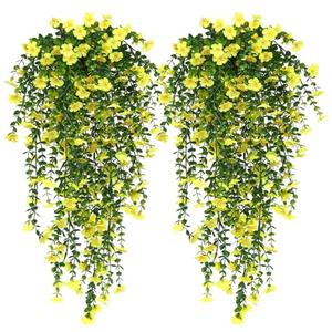 RECUTMS Artificial Hanging Flowers for Outdoors 4 Pcs Fake Mums Plant Decor Realistic Real Touch Silk Flower UV Resistant Trailing Vine Look Real for Yard Porch Patio Garden Balcony (Yellow)