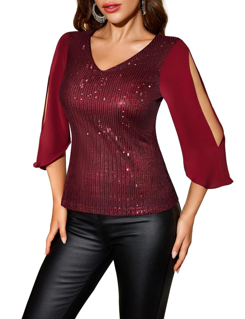 Dressystar Elegant Sequin Tops for Women, V-Neck Long Split Sleeve Blouses for Evening Party, Dressy and Sparkly Bling Shirt Burgundy S (Red, S)