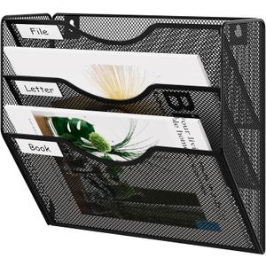 EasyPAG 3 Pocket Mesh Wall File Organizer, Hanging Paper Folder Holder with Classify Label, Vertical Wall Mount Mail Organizer for Office Home Classroom, Black