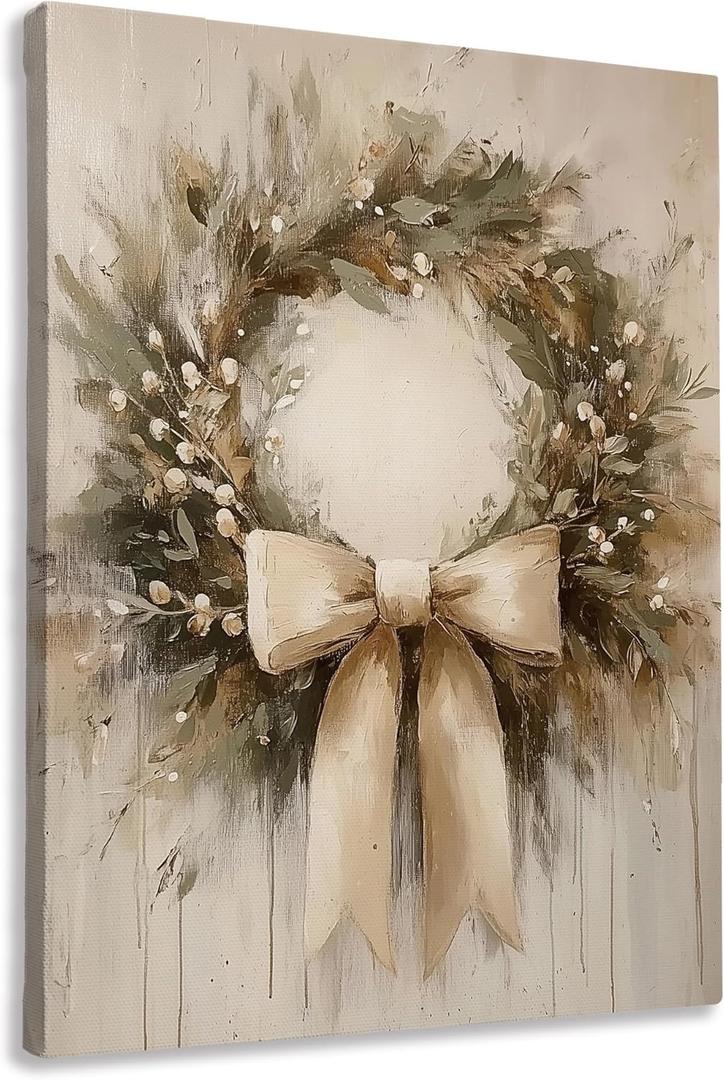 FTKBGHY Vintage Christmas Wreath Canvas Wall Art Framed, Christmas Room Decor, Rustic Farmhouse Winter Holiday Xmas Poster Prints Wall Decorations for Home Bedroom Living Room, 11x14 Inch