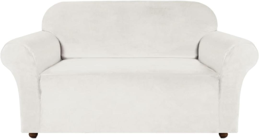 Turquoize Velvet Loveseat Covers Stretch Love Seat Couch Covers for 2 Cushion Couch Velvet Sofa Cover with Non Slip Elastic Bottom Furniture Cover Crafted from Soft Fabric (Loveseat, Porcelain White)