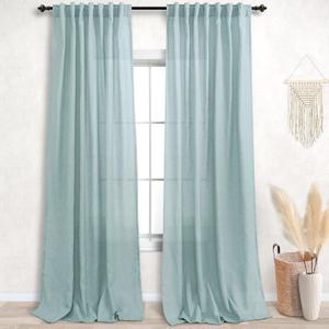 KOUFALL Sea Green Back Tab Rod Pocket Linen Sheer Curtains for Bedroom 52 by 96 Inches Long
