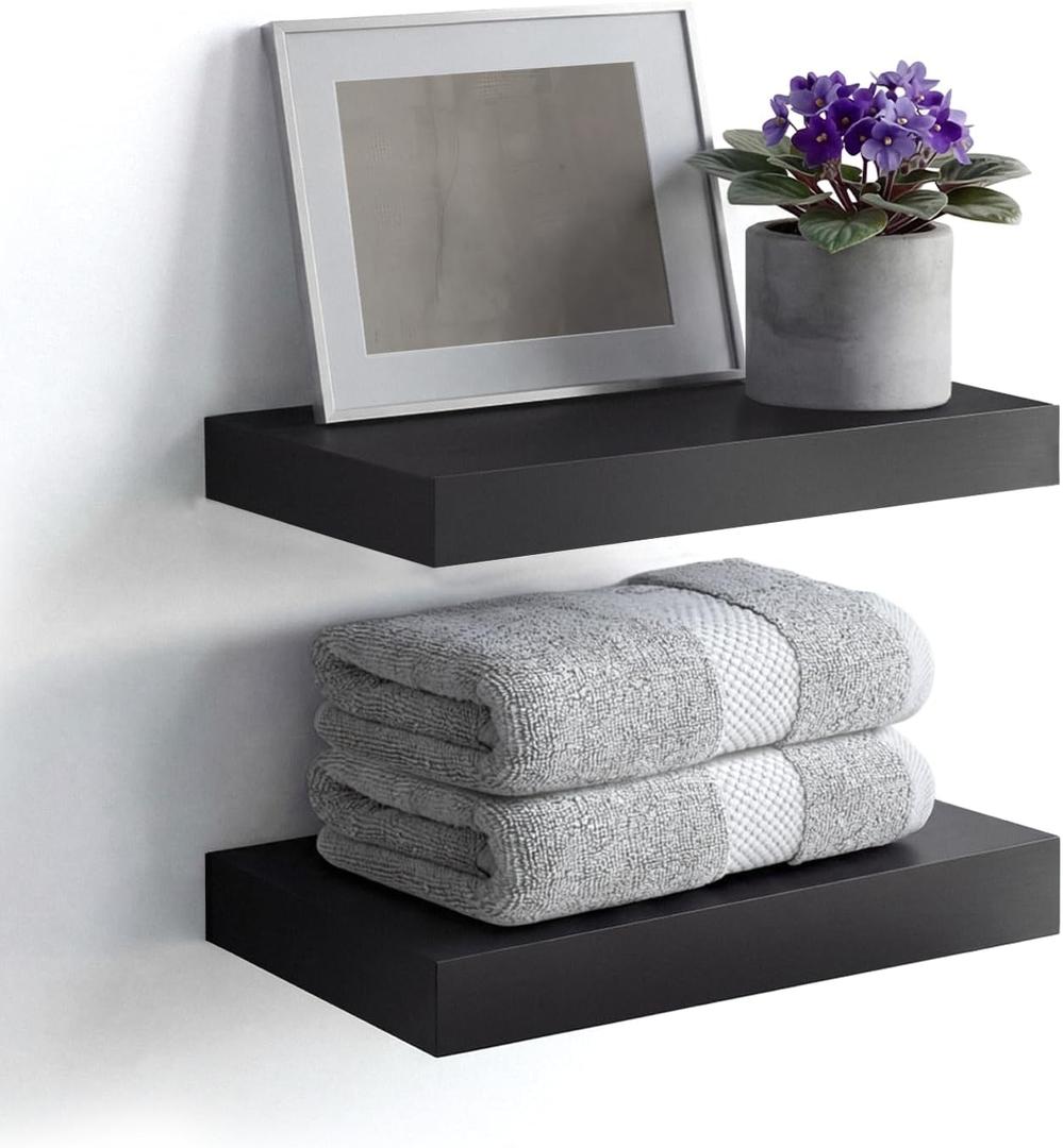 Homeforia Floating Shelf Black 12 inch, High End Solid Real Wood Small 12inch Floating Shelves for Wall Mounted, Black Wooden 12 in Floating Shelves, Heavy Duty Bracket, 12 X 6.5 X 1.75 inch, Set of 2