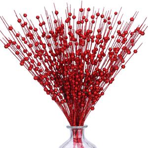 efivs arts 10 Pack Red Artificial Glitter Berry Stems 15.7" Fake Christmas Picks Decorative Glitter Sticks for Christmas Tree DIY Wreath Crafts Fireplace Decor