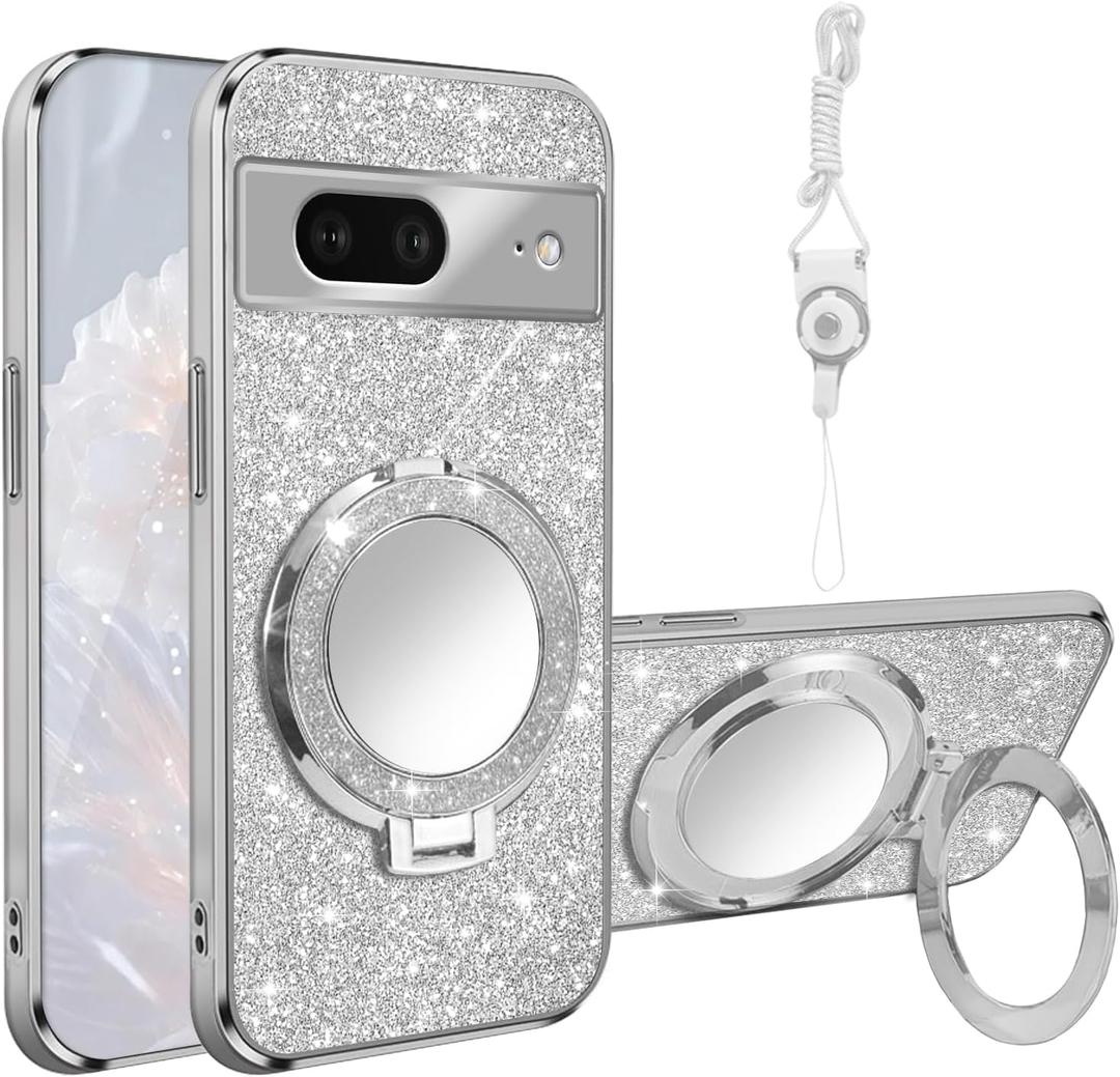 for Google Pixel 7 Case [MagSafe Compatible] Glitter Card Clear Back Cover with Ring Kickstand, Lanyard, Mirror Soft TPU Protective Cover for Google Pixel 7 Phone Case, Silver