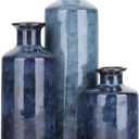Blue Ceramic Vase Set - 3 Blue Small Vases, Farmhouse Country Flower Vase Home Decor, Living Room Decoration, Table Decoration, Fireplace Decor, and Entrance Decorations Centerpieces