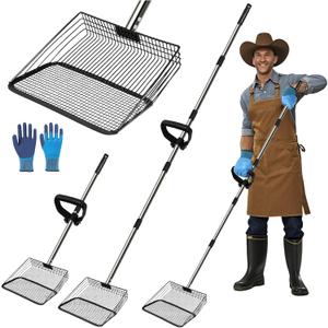 Large Chicken Poop Scooper Chicken Scooper for Poop with 37" to 75" Adjustable Stainless Steel Handle Gloves Litter Sand Sifting Shovel Cleaning Tool for Chicken Coop Goat Stall Stable (10inch)