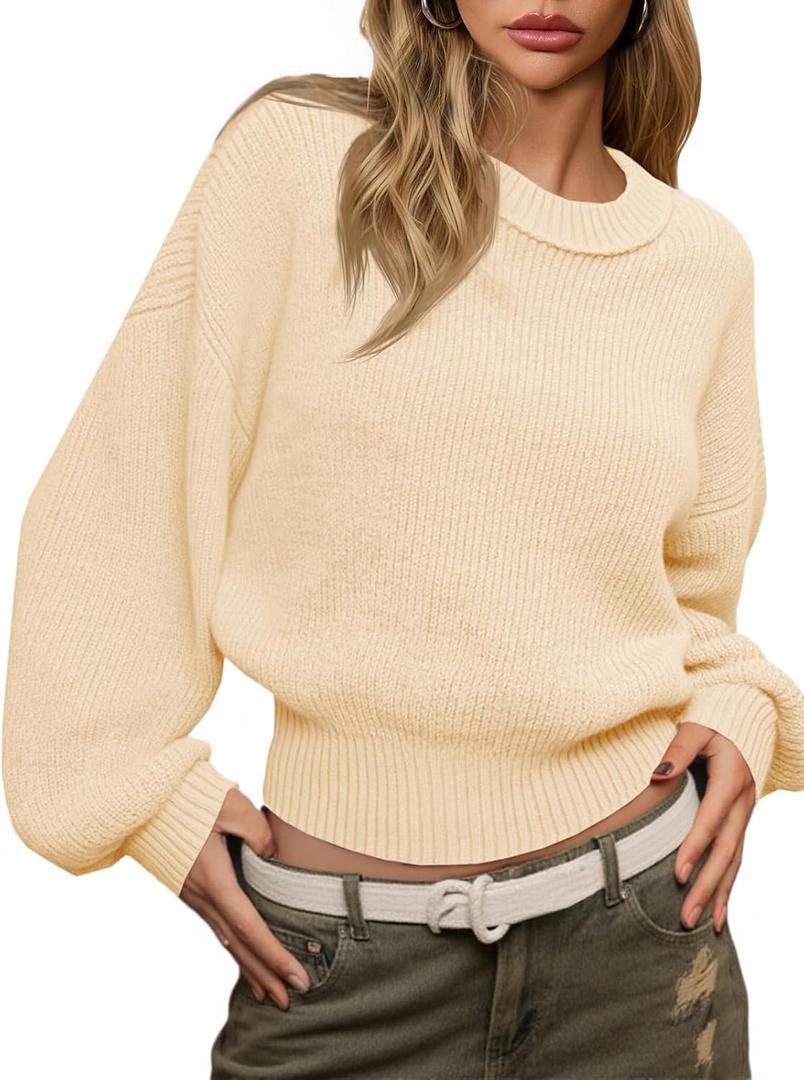 Saodimallsu Womens Batwing Long Sleeve Sweaters Casual Crewneck Loose Chunky Knit Fall Pullover Tops (Beige, M)
