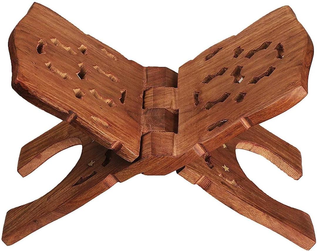 Wooden Book Holder Stand 10Inch | Rehel/Rehal for Quran Geeta Bible | Indian Book Holders for Reading Hands Free for Desk Carved Antique | Holy Book Stand Prayer/Pooja Wood Islam Decor Handmade Gifts