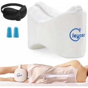 Knee Leg Pillow for Side Sleepers,Leg Pillow for Side Sleeping with Strap-100% Memory Foam Wedge Contour Spacer Cushion for Back,Hip Knee Pregnancy Sciatica Pain Relief Free Sleep Mask Ear Plugs White