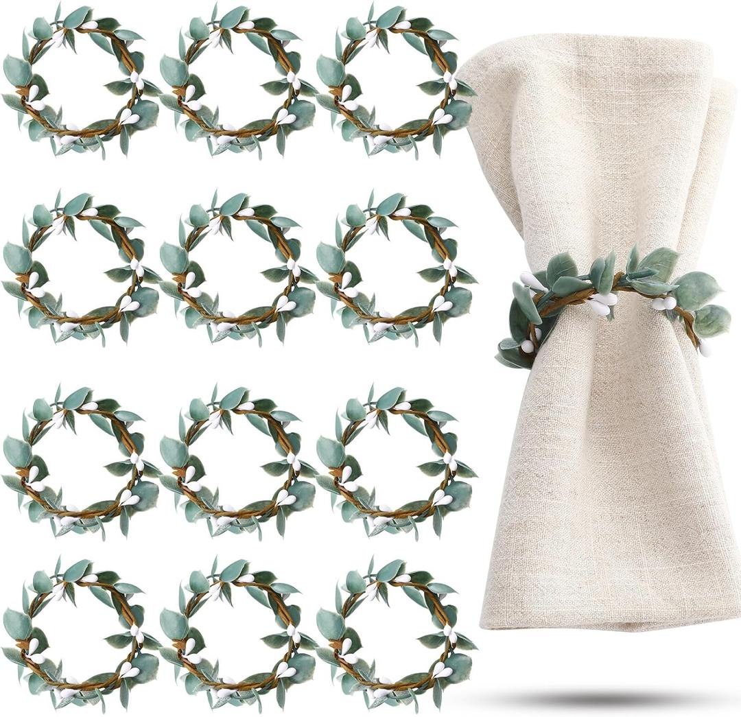 Napkin Rings Set of 12 Eucalyptus Leaf Napkin Rings Rustic Farmhouse Greenery Spring Wreath Ring Holders for Wedding Banquet Christmas Dining Table Decoration(White Berries)