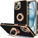 Hython for iPhone 15 Case with Ring Stand, 360 Rotatable Ring Holder Magnetic Kickstand, Plating Rose Gold Edge Soft Cover Women Men Luxury Protective Phone Case for iPhone 15 6.1", Black