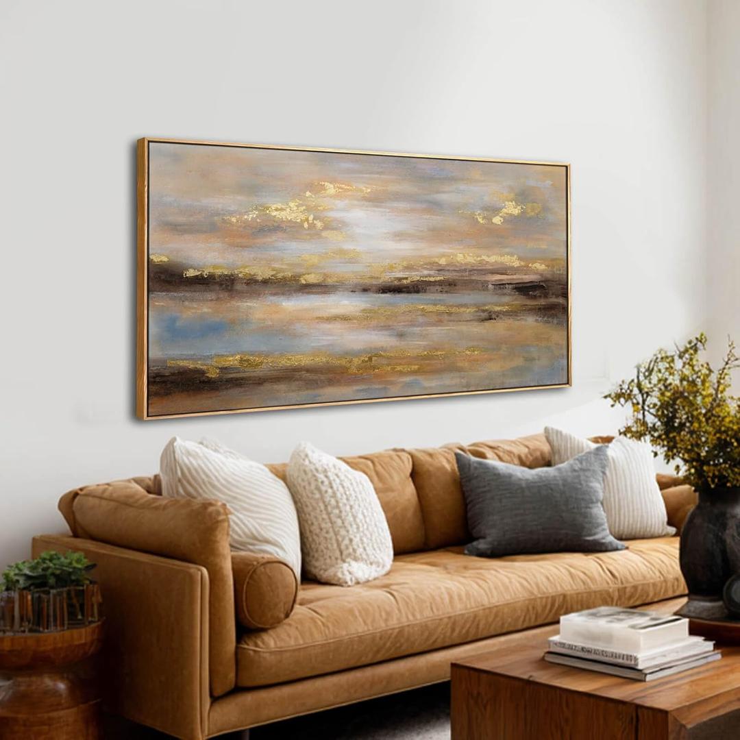 Gold Abstract Wall Art Decor Neutral Canvas Pictures Wooden Framed Wall Decor Colorful Art Prints for Living Room Dining Room Bedroom 24x48 Inch