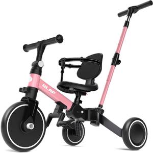 Glaf Tricycle for Toddlers 1-3 Toddler Bike with Push Handle 2-4 Years Baby Bike Toys for 2 Years Boys and Girls Balance Bike with Adjustable Seat Height and Backrest Birthday Gift (Pink
