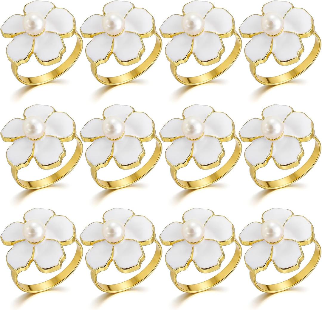 White Flower Napkin Rings Set of 20, Holiday Gold Peal Napkin Ring Holders for Dinner Setting Decoration, Wedding, Baby Shower,Easter, Thanksgiving, Christmas, Party