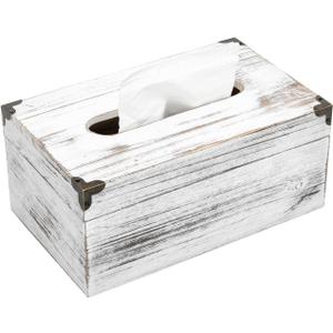 Distressed Wooden Rustic Facial Tissue Box Holder Tissue Box Cover Napkin Dispenser for Bathroom Living Room Dining Room Bedroom Toilet (Washed White)