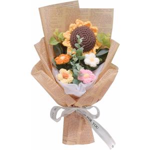 Crochet Flowers Bouquet, Handmade Knitted Bouquet, Crochet Flower Kit Knitted Fake Sunflower Daisy, Gift for Mother Wife on Birthday Anniversary (01English Paper)