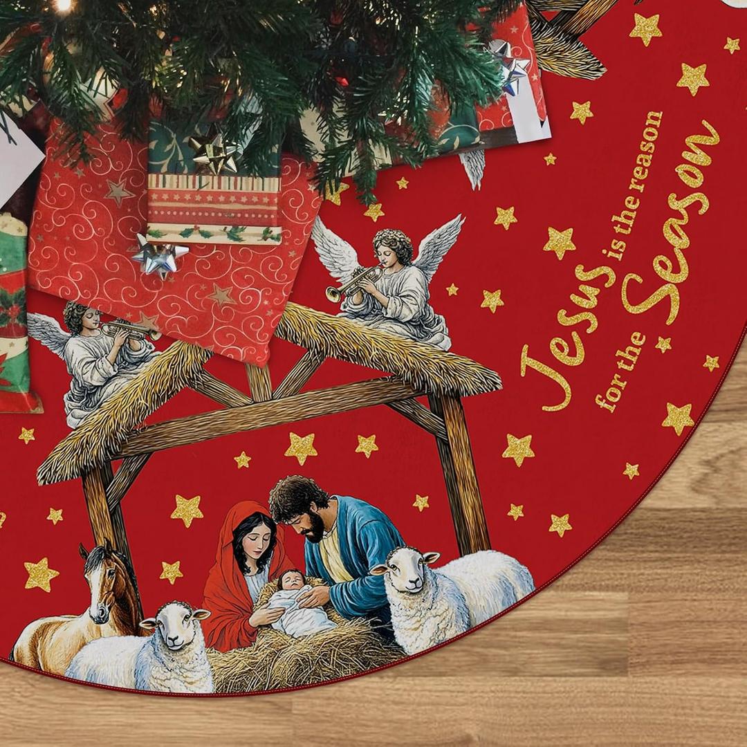 Nativity Christmas Tree Skirt Jesus is The Reason for The Season Decorations Xmas Red Tree Mat 36 Inch Winter Christmas Decor for Home