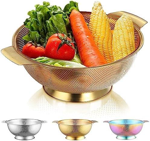 Berglander stainless steel gold colander, metal filter with handle, large stable base for draining, rinsing and washing. It can be used to wash rice, fruits and vegetable, Pack 4 Berglander stainless steel gold colander, metal filter with handle, large stable base for draining, rinsing and washing. It can be used to wash rice, fruits and vegetable, Pack 4