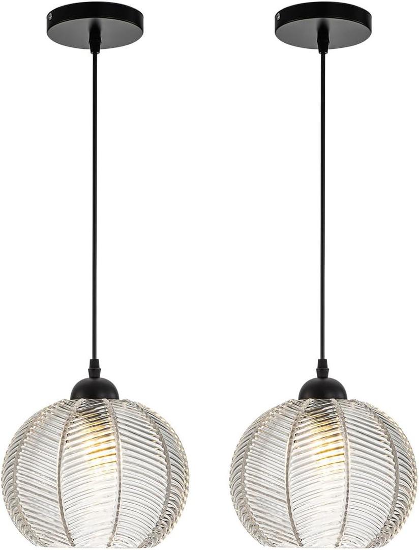 Globe Pendant Light Clear Ribbed Glass Hanging Lights for Kitchen, 22cm/8.66"