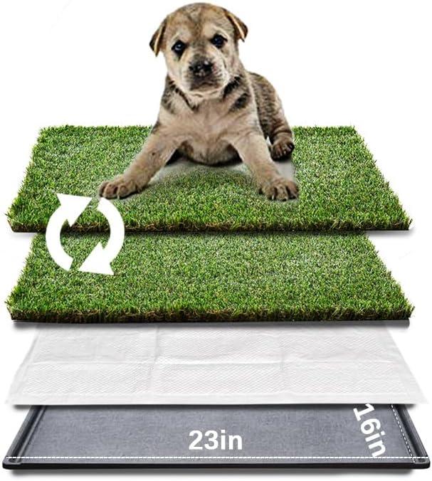 HQ4us Dog Grass Pad with Tray Small 23" x 16" Dog Litter Box Toilet for Puppy (No Grate) with 2Artificial Grass for Dogs with Hemmed Edge, Pee Pads for Dogs, Realistic, Less Stink, Potty for Balcony