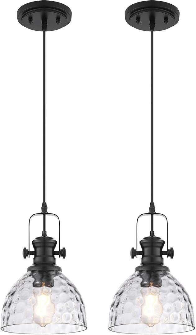 2-Pack Pendant Lights Kitchen Island, 7.5" Farmhouse Black Pendant Lighting with Hammered Glass Shade, Vintage Hanging Light Fixtures for Dining Room Entryway, AD-22151-1P2-BK-H