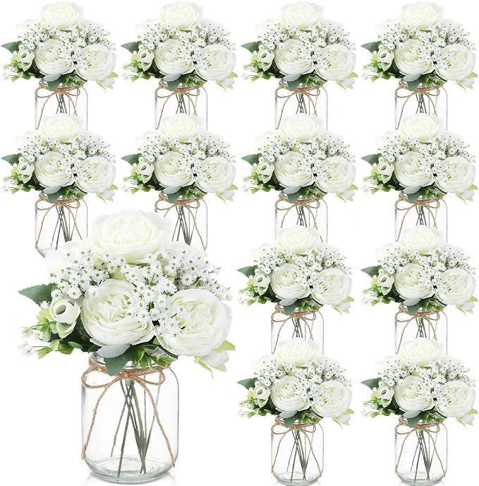 12 Sets Mason Jar Flowers Centerpiece Table Decorations,White