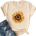 Ykomow Sunflower Shirts Floral Print Graphic Tees Womens Casual Mothers Day Shirt 4th of July T Shirt (XL, Cream)