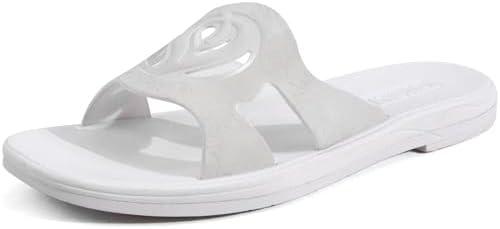 ONCAI Slides for Womens,Flat Dressy Square Toe Summer Beach Sandals for Woman with Comfortable Non-slip Rubber Soles Size 8, All White 
