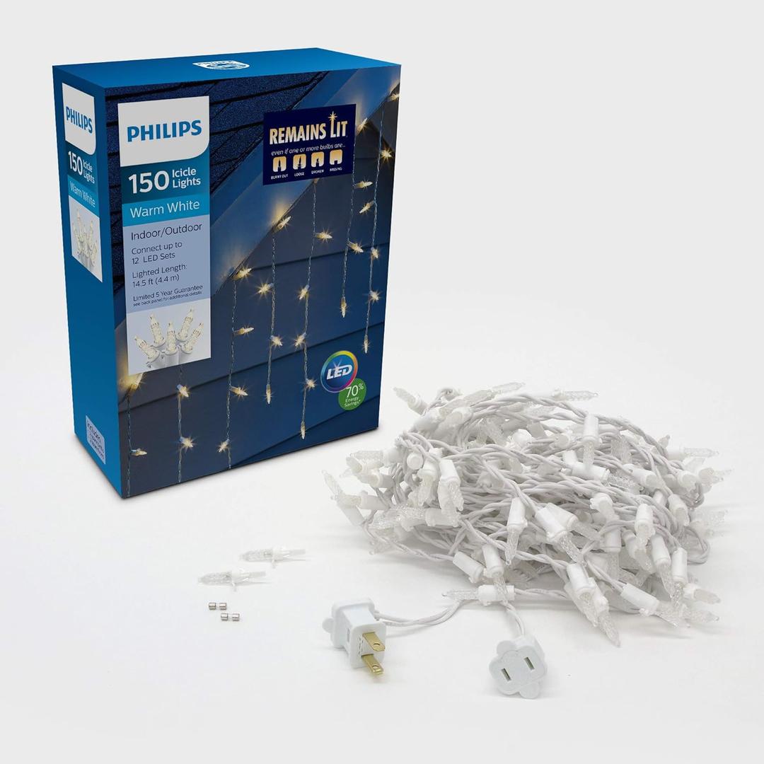PHILIPS 150 LED Remains Lit Warm White Faceted Mini Icicle Lights on White Wire - 30 Drops - UL Listed for Indoor/Outdoor Use - 16.8' Total Length with 3" Bulb Spacing and 6" Drop Spacing