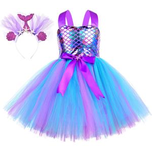 Tutu Dreams Summer 4 Colors Mermaid Dress for Girls with Headband Birthday Party Gifts Dress Up Clothes (5-6 Years, Purple)