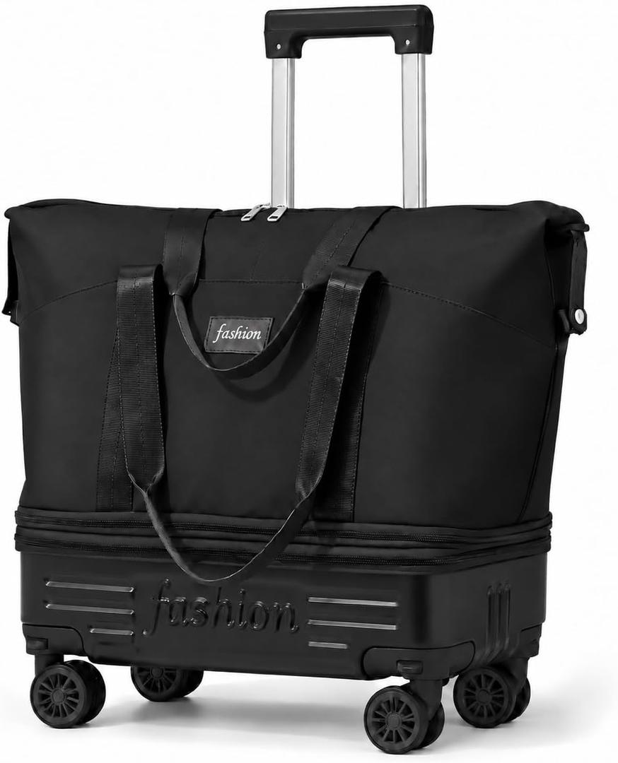 Rolling Duffle Bag with Wheels, Expandable Travel Duffel Bag Carry On Luggage with Detachable Spinner Wheels & Handle, Foldable Weekender Bag Overnight Gym Hospital Bag for Women Men, Black, Large