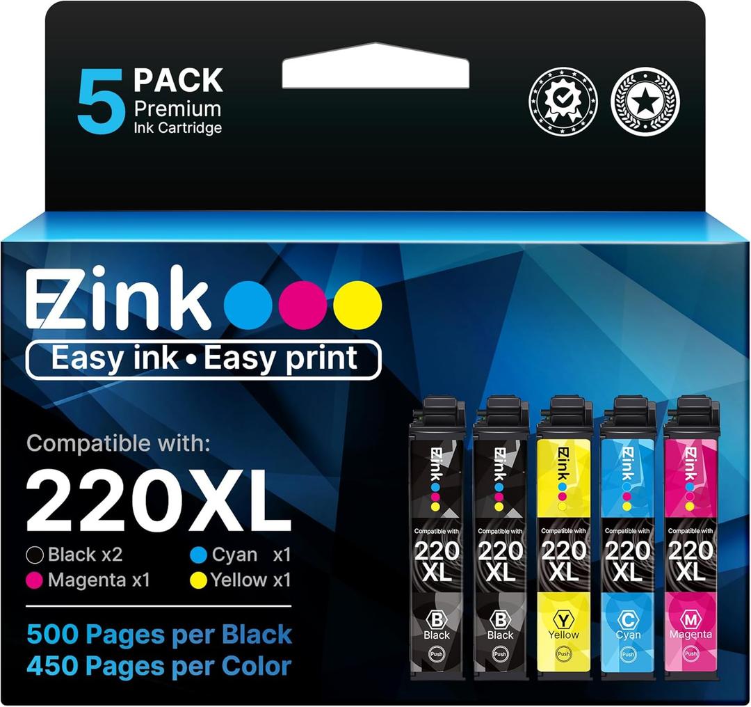 E-Z Ink Remanufactured Ink Cartridge Replacement for Epson 220 XL 220XL T220XL to use with WF-2760 WF-2750 WF-2630 WF-2650 WF-2660 XP-320 XP-420 XP-424(2 Black, 1 Cyan, 1 Magenta, 1 Yellow) 5Pack