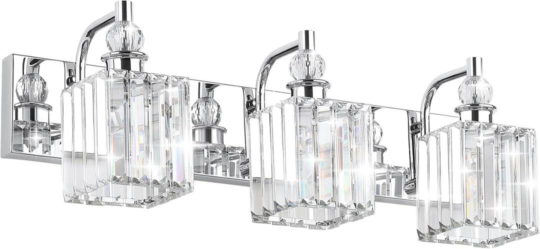 Ralbay Modern Crystal Vanity Light 3 Light 24''Bathroom Lights Fixtures Over Mirror Chrome Vanity Light for Bathroom Wall Lighting (24 inch, Square-Chrome)