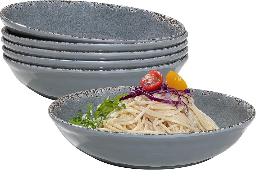 Melamine Pasta Bowls Set,6 Piece 9.25 inch Vintage Melamine Pasta/Salad/Ramen/Noodle/dinner/Fruit Bowls, Set of 6,Unbreakable Large Shallow Serving Bowls set,Cool Grey