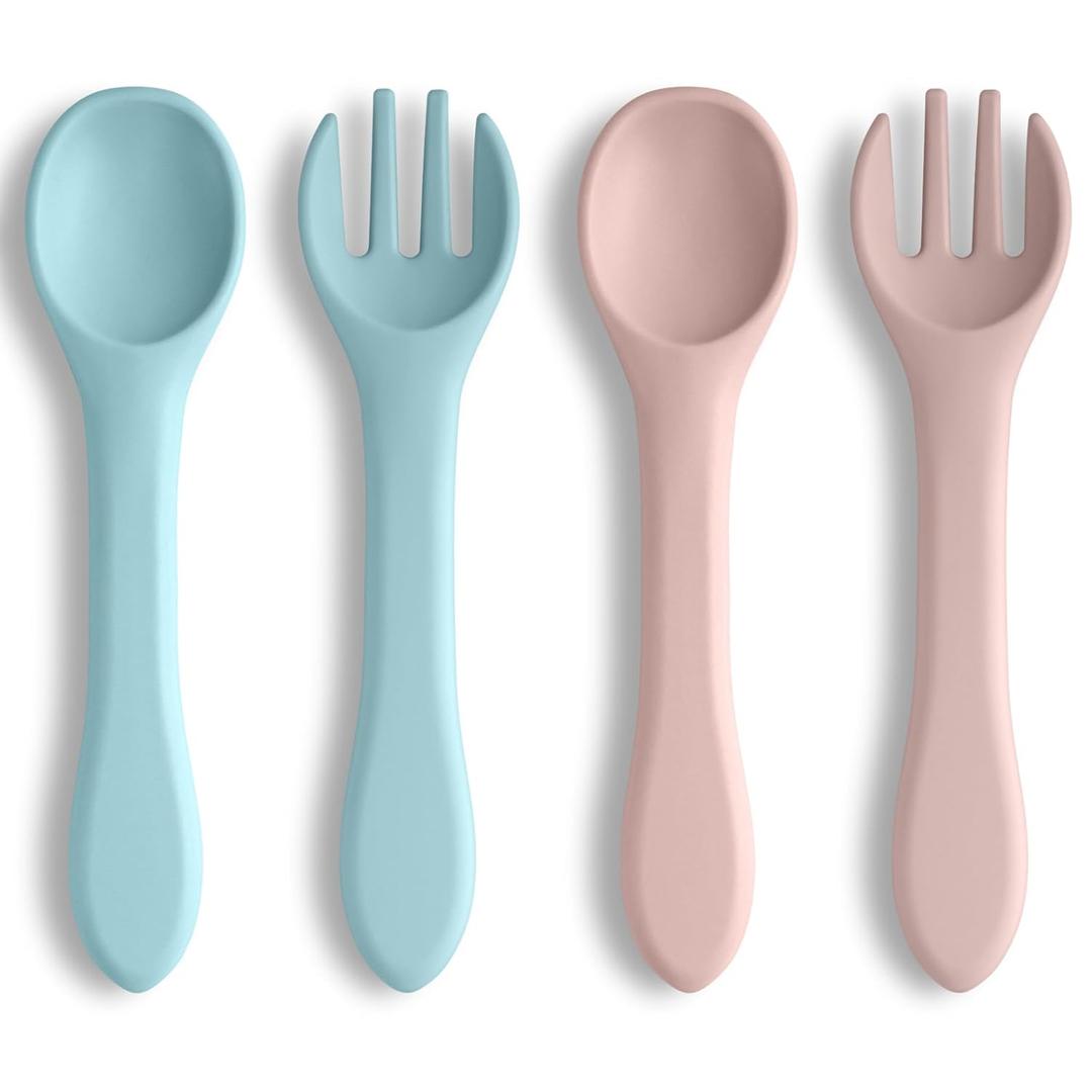 Vicloon Silicone Baby Feeding Spoons, 4PCS First Stage Feeding Spoons for Infants, Baby Led Weaning Feeding Supplies Training Spoon, Toddler Utensils, Ultra-Durable & Chewproof, Dishwasher Safe (Blue pink spoon and fork)