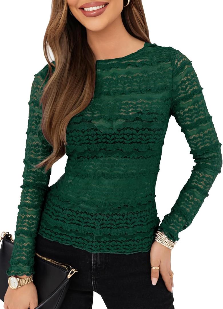 Essrite Womens Slim Fit Lace Mesh Top Crew Neck Long Sleeve See Through Shirt Blouses Tops Fall Outfits 2026 (Green)