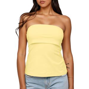 BAIGRAM Women Y2K Strapless Foldover Bandeau Tube Tank Tops Sleeveless Backless Slim Fit Off Shoulder Summer Going Out (Medium, Yellow)