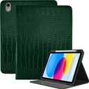 Premium Leather Compatible with iPad (A16) 11th Generation 11 Inch Case 2025, iPad 10th Generation 10.9 Inch Case 2022, Pencil Holder Folio Crocodile Auto Sleep/Wake Cover Women Girls-Dark Green