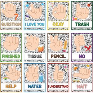 2 x 12 Pcs Classroom Hand Signal Cards Signal with Glue Dots Composition Notebook Signals Posters for Teachers Students Visual Cues Decoration, School Kindergarten Bulletin Board Nonverbally Communicate Supplies, 5.9 x 7.8 inches