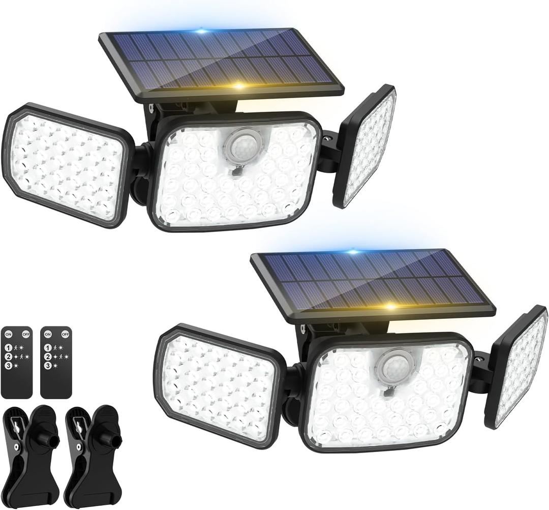 2 Pack Clip on Solar Motion Lights Outdoor with Remote Control, Solar Security Light with 3 Modes, IP65 Waterproof Flood Lights Outside for Garden Patio Garage Backyard